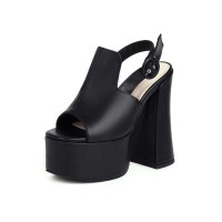 Peep Toe Platforms Chunky Heels Buckle Straps Sandals - Black