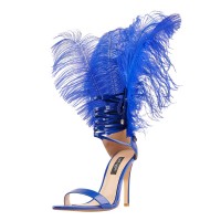 Stiletto Sandals with Ankle Straps - Blue Patent with Detachable Feathers