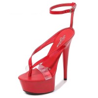Open Toe Ankle Buckle Straps Platforms 5 inch Stiletto Heels Platforms Sandals - Red Patent