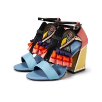 Chunky Heels Peep Toe Ankle Straps Rhinestones Birdy Sandals  - Multicolor