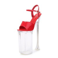 Peep Toe Strange Slim Pointed Ultra Heels Ankle Buckle Straps LED Light Pumps - Red
