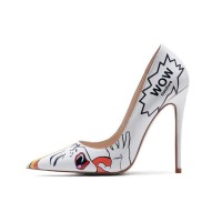 Patent Leather R.Lichtenstein Style Pop Art Pattern Pointed Toe Stiletto Heels - White