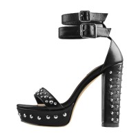 Peep Toe Chunky Heels Ankle Buckle Straps Punk Rivets Platforms Sandals - Black