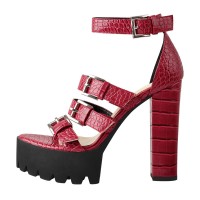 Peep Toe Chunky Heels Ankle Buckle Straps Platforms Sandals - Red