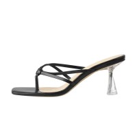 Open Square Toe Kitten Heel Slip On Transparent Summer Sandals - Black Faux Leather