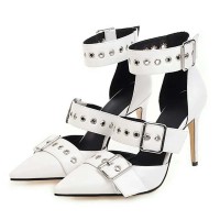 Pointed Toe Stiletto Heels Ankle Buckle Straps Rivets Punk Gothic Pumps - White Faux Leather