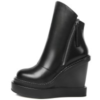 Round Toe Side Zipper Elegant Ankle High Wedges Boots - Black