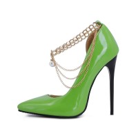 Pointed Toe Stiletto Heels Ankle Chain Straps Dorsay Pumps - Green Patent