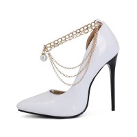 Pointed Toe Stiletto Heels Ankle Chain Straps Dorsay Pumps - White Patent