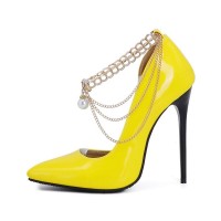 Pointed Toe Stiletto Heels Ankle Chain Straps Dorsay Pumps - Yellow Patent