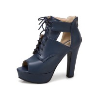Peep Toe Cuban Heels Lace Up Pumps with Back Zipper - Blue