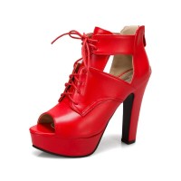 Peep Toe Cuban Heels Lace Up Pumps with Back Zipper - Red