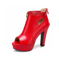 Peep Toe Cuban Heels Ankle Decorated Pumps with Back Zipper - Red