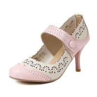 Round Toe Italian Heels Retro Fretwork Mary Janes Pumps - Pink