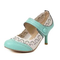 Round Toe Italian Heels Retro Fretwork Mary Janes Pumps - SkyBlue