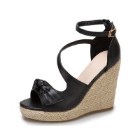 Peep Toe Knitted Straw Wedges Ankle Buckle Straps Sandal  - Black
