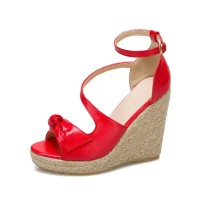 Peep Toe Knitted Straw Wedges Ankle Buckle Straps Sandal  - Red