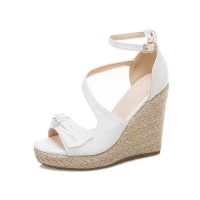 Peep Toe Knitted Straw Wedges Ankle Buckle Straps Sandal  - White