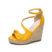 Peep Toe Knitted Straw Wedges Ankle Buckle Straps Sandal  - Yellow