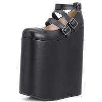 Round Toe Extreme Heels Platforms Ankle Straps Mary Janes Fetish Pumps - Black