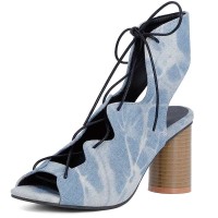 Peep Toe Summer Vintage Denim Chunky Block Heels Lace Up Gladiator Sandals - Blue