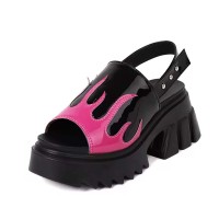 Peep Toe Chunky Heels Onfire Flames Platforms Slingback Sandals - Black Pink Patent