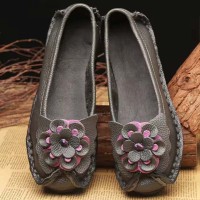 Round Toe Retro Bohemian Slip On Embroidered Flowers Flats Ballets - Gray Leather