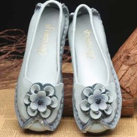 Round Toe Retro Bohemian Slip On Embroidered Flowers Flats Ballets - LightBlue Leather