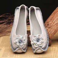 Round Toe Retro Bohemian Slip On Embroidered Flowers Flats Ballets - LightGray Leather