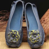 Round Toe Retro Bohemian Slip On Embroidered Flowers Flats Ballets - DarkBlue Leather