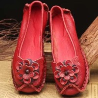 Round Toe Retro Bohemian Slip On Embroidered Flowers Flats Ballets - Red Leather