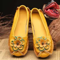 Round Toe Retro Bohemian Slip On Embroidered Flowers Flats Ballets - Yellow Leather