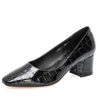 Square Toe Chunky Heels Crocodile Pattern Pumps - Black