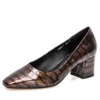 Square Toe Chunky Heels Crocodile Pattern Pumps - Coffee