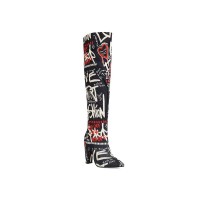 Pointed Toe Cuban Heels Over the Knee Pull On Graffiti Printed Boots  - Black