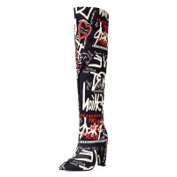 Pointed Toe Over The Knees Thigh Highs Chunky Heels Graffiti Print Boots - Black Fabric
