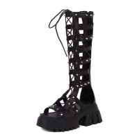 Peep Toe Hollow Cross Straps Lace Up Roman Style Gladiator Platform Chunky Heels Summer Boots - Black Faux Leather