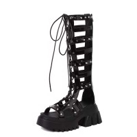 Peep Toe Hollow Cross Straps Lace Up Roman Style Gladiator Platform Chunky Heels Summer Boots - Black Patent