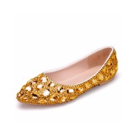 Pointed Toe Rhinestones Ballets Flats - Gold