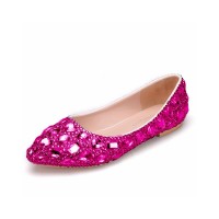 Pointed Toe Rhinestones Ballets Flats - Rose Red