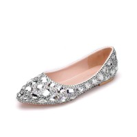 Pointed Toe Rhinestones Wedding Bride Ballets Flats - Silver