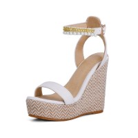 Peep Toe  Wedges Ankle Buckle Pearl Bead Straps Sandal  - White