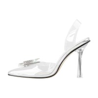 Pointed Open Toe Stiletto Heels Transparent Butterfly Rhinestones Slingback Sandals - Silver Pvc