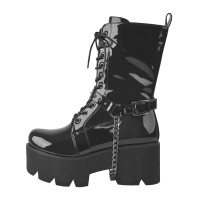 Round Toe Chunky Heels Platforms Lace Up O Ring Chain Side Zipper Gothic Punk Boots - Black