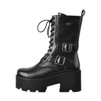 Round Toe Chunky Heels Platforms Ankle Small Pocket Double Buckle Straps Side Zipper Gothic Punk Boots - Black