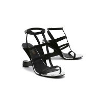 Peep Toe Retrofuturistic Metal Strange Heels Ankle T-Straps Sandals - Black