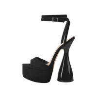 Bowling Round Heels Platform Ankle Straps Peep Toe Pumps  - Black