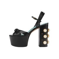 Faux Pearl Decorated Chunky Heels Peep Toe Ankle Straps Platform Sandals - Black