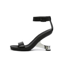Peep Toe Retrofuturistic Metal Strange Heels Ankle Straps Sandals - Black