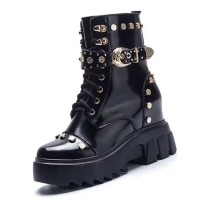 Patent Leather Lace Up Rivet Decorated Buckle Strap Ankle Boots with Side Zipper - Black